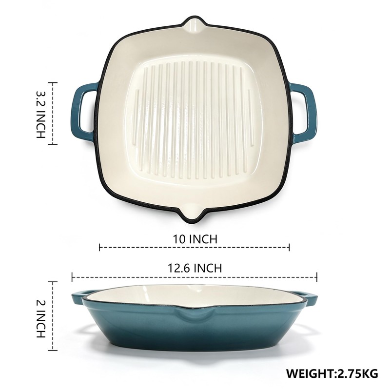 YYJINGYOU Enameled Cast Iron Square Grill Pan, Nonstick Skillet Steak
