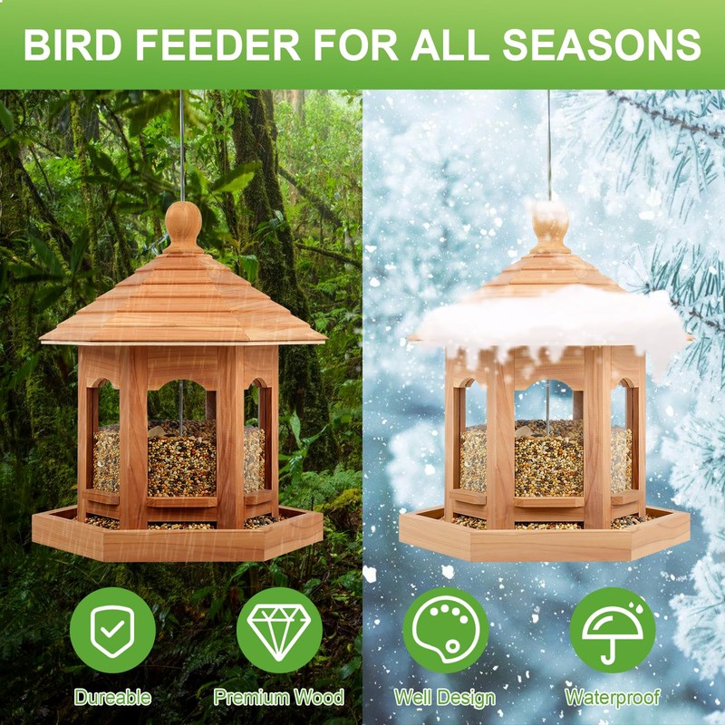 Liawm Wooden Bird Feeder for Outdoors Hanging, Red Cedar Hexagon