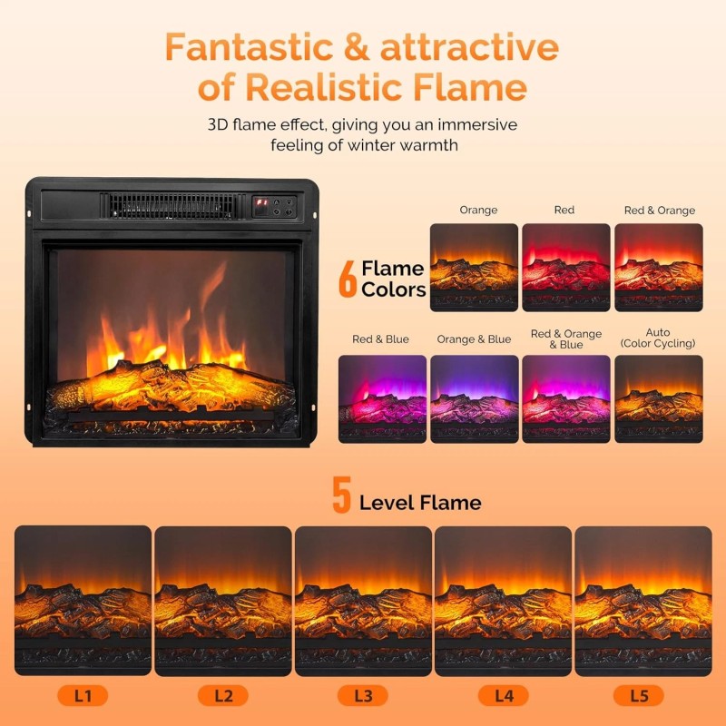 ROVSUN 18 inch Electric Fireplace,6 Flame Modes Heater Insert with