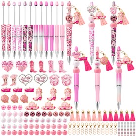 QIMGIC Western Cowgirl Beadable Pens - 12 Set Pink Cow Girl DIY Ballpoint Pen Making Kit with Bead Craft for Kids, Wild West Beaded Pen Bulk Charm Tassel Supplies for Party Women School Students Gift