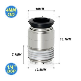 TAILONZ PNEUMATIC Round Male Straight 4mm Tube OD x 1/4 Inch BSP Thread Push to Connect Fittings POC4-02 (Pack of 10)