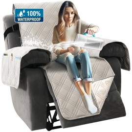 H.VERSAILTEX 100% Waterproof Recliner Slipcover 1-Piece Reversible Recliner Covers for Large Recliner with Elastic Straps Sitting Width Up to 28" (Oversized Recliner, French Oak/Beige)