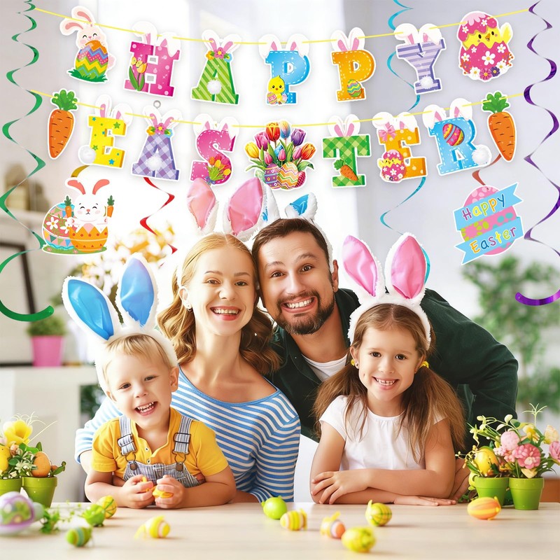 52 Pcs Easter Banner, Happy Easter Garland with Hanging Swirls,