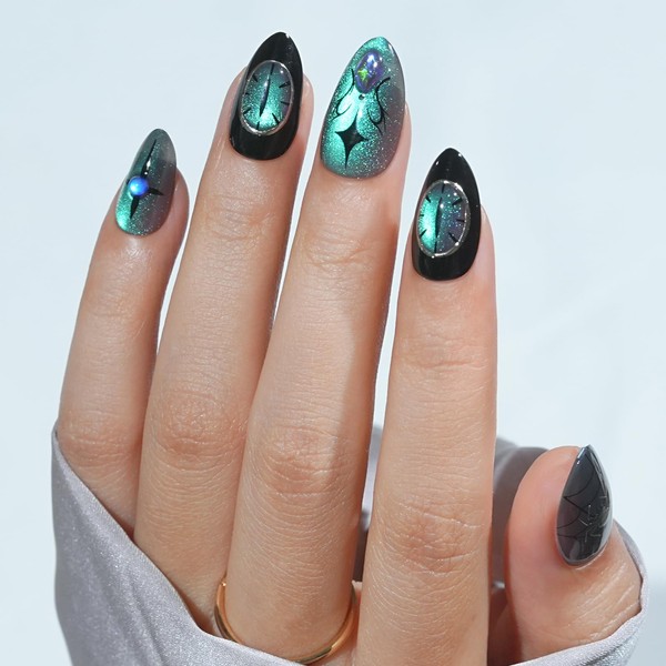 Press On Nails Halloween Almond - Witch’s Curse, Chameleon Cat