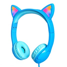Olyre Kids Headphones, Girls Headphone Cat Ears LED Light Up Safe Volume Limited 85dB for Children Wired On Ear Toddler Earphones for Laptop/Tablet/Online/School/Travel - Blue