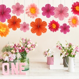 15Pcs Paper Flowers Paper Fans Orange and Hot Pink Tissue Paper Flowers Party Decorations for Graduation Groovy Birthday Baby Shower Wedding Engagement Room Wall Decor (Hot Pink - Orange)