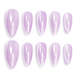 Sun&Beam Nails Handmade Nail Tips, Medium, Long, Almond, Solid, Lavender, Purple, Cat Eye, Magnet, Fashionable, Set of 10 (#120 S)