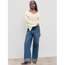 CIDER Women’s Baggy Jeans Straight Wide Leg High Waisted Fold Hem Denim Pants with Pockets: Indigo, L