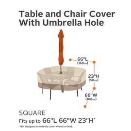 Classic Accessories Veranda Water-Resistant 66 Inch Square Patio Table & Chair Set Cover with Umbrella Hole, Outdoor Table Cover