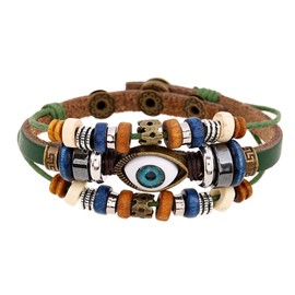 Evil Eye Bracelets for Men, Protection Bracelet Black Leather Bracelet Wristband Beaded Bracelet Buckle Wrap Blue Eye Strand Bracelets for Women Spiritual Jewelry Gift