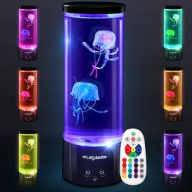 Playlearn Jellyfish Lamp - Color Changing Mood Light - LED USB Electric Jelly Fish Light Lamp for Kids or Adults - Ocean Decor - Fake Jelly Fish Lamp Mini Aquarium Tube Tank for Table, Desk – 11 Inch