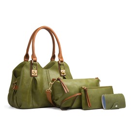 FANDARE Retro Women's Handbags Soft Leather Shoulder Bags Waterproof Handbag 4-Piece Set Shoulder Bags for Travel Shopping Work Date Used, Green, Retro