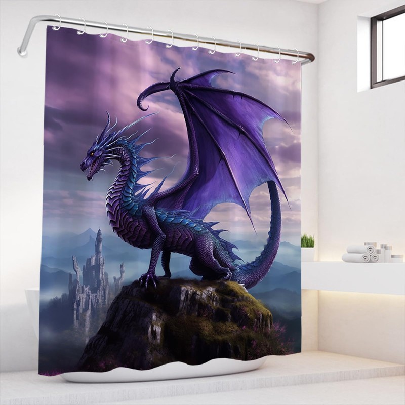 Purple Dragon Shower Curtain Rustic Nature Mountain Theme Fabric Bathroom
