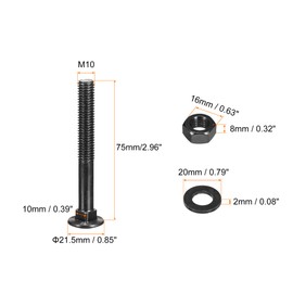 sourcing map M10x75mm Square Neck Carriage Bolts with Nuts & Washers, 12Set 304 Stainless Steel Round Head Square Neck Coach Bolt Screws, Black