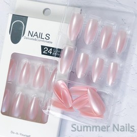 Almond False Nails Medium - 24pcs Chrome Light Pink Press on Nails - Aurora Pearl Glazed Spakly Glitter Fake Nails with Glue - Shimmer Oval Stick on Nails Full Cover Acrylic for Women Girls Daily Wear