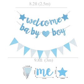 Welcome Baby Boy Banner, Blue Glitter Paper Flags for Baby Shower Decorations, Boys 1st Birthday Party Supplies, Gender Reveal Bunting Flag (blue)