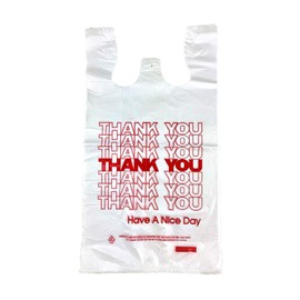 ROYALNA 100 count White/Red Thank you (12" x 6.5" x 21") Plastic T shirt Grocery shopping bags Reusable and Disposable for Restaurants, Convenience Stores, Food, Supermarket (White/Red Thank you, 100)