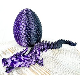 3D Printed Ariculated Crystal Dragon and Egg Sculpture, Black/Purple, Decorative Dragon 330mm in length, Hinged jaw, Large 140mmx100mm Egg
