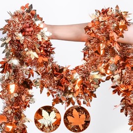 Mega-L Thanksgiving Tinsel Garland Decorations, 26.25Ft Bronze Gold Maple Leaf, Fall Hanging Garland for Autumn Harvest Thanksgiving Holiday Birthday Indoor Outdoor Ornaments Party Supplies Home Decor