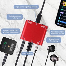 Lightning & Type-C Live Streaming Microphone Adapter with Charging Port - Mic Adapter for Podcast/Twitch/YouTube/TikTok Live Stream, 3.5mm Audio Jack & Real-Time Monitoring (iOS/Android/PC) (red)
