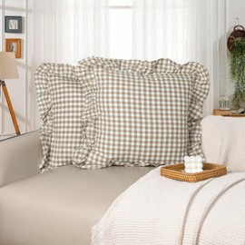 JoraLion 20"x20" Throw Pillow Covers, Green Scalloped Cotton Plaid Gingham Ruffle Decor Pillowcase Farmhouse Soft Cushion Case for Couch Sofa Bed Living Room, Set of 2, Covers ONLY