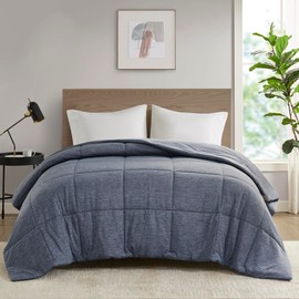 Urban Habitat Twin Comforter Set, Cozy Soft Jersey Knit Bedding, Box Quilting & Heathered Design, Cool to Touch, Lightweight All Seasons Down Alternative Bed Set, Twin/Twin XL Navy 3 Piece
