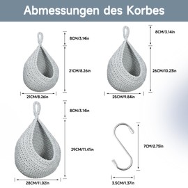 MDDK DY Hanging Fruit Basket, Wall Basket, Kitchen Hanging Basket, Pack of 3 with 3 Hooks, Braided Storage Basket, for Kitchen Decoration, Living Room, Bathroom, Jute Basket (Blue)