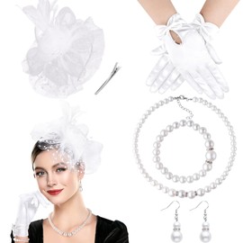 DRESHOW Fascinator Hat for Women, Veil, Mesh, Tea Party Hat, Feather, Pillbox Hat and Gloves, Pearl Jewellery Set for 1920s Cocktail Party, Headpiece