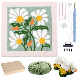 Allazone Punch Needle Kit Frame, Punch Needle Embroidery Kits, Square Punch Needle Fabric with Flower Pattern, Hoop, Yarns, Punch Needle (Green and White)