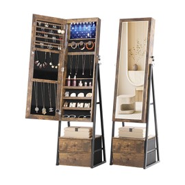 Nicetree Jewelry Cabinet Armoire with 2 Drawers, Lockable Standing Jewelry Mirror Cabinet, Full Length Mirror with Jewelry Storage, Rustic Brown