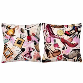GSRONY Fashion Girl Throw Pillow Covers Set of 2,Cosmetic Perfume Bag Lipstick Pink Nail Polish Decorative Pillow Case Home/Car Decor 18X18 Inches Two Pillowcases