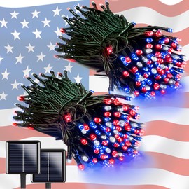 EEW 2pk Red White and Blue Solar String Lights Outdoor Waterproof, Solar Powered LED Patriotic Lights 200 LED, Solar Tree Lights for Independence Day Decor 4th of July Memorial Day Decorations