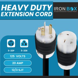 IronBox Electric NEMA 5-20P to 5-20R Extension Cord - 20A, 125V, 12/3 SJT - Heavy Duty Outdoor Generator Cords & Plugs - UL Listed Extension Cable for Data Centers, Camper & More (25 ft, Custom Built)