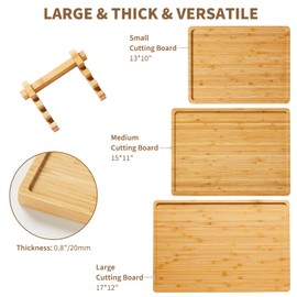 GarveeHome Bamboo Wood Cutting Boards Set of 3 with Holder – Kitchen Chopping Boards with Inner Handle and Deep Juice Groove, Ideal Serving Trays for Fruits, Meats, Cheeses, and Veggies