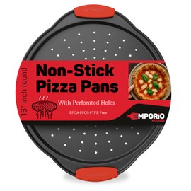 Non-Stick Pizza Pan with Silicone Handle 1 Pack, 13 Inch Round Carbon Steel Tray with Perforated Holes, Dishwasher & Oven Safe Up To 450°F, PFOAPFOSPTFE Free, Durable Nonstick Gray Coating