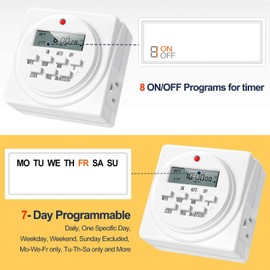 iPower 7 Day Heavy Duty Digital Programmable Electric Timer, Indoor Dual Outlet Switch for Lights, Appliance, Pool Pump, 125VAC, 15A, 60 Hz, 1725W, 2-Pack, white