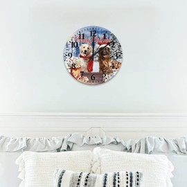 Wodevor Dog Christmas with Coffee Bread Small Wall Clock 10 Inch, Merry Christmas Dog Cool Room Accessories Battery Operated Silent Round Arabic Numeral Clock for Home Office School