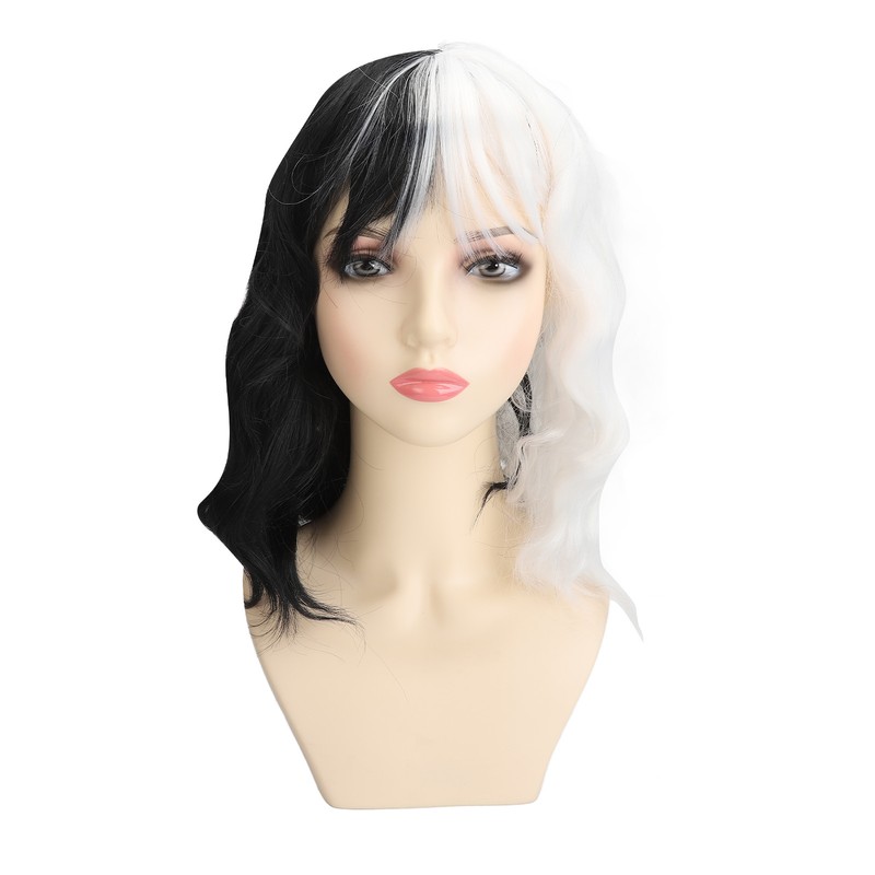 Black and White Short Curly Wig Women Cosplay Party Shoulder