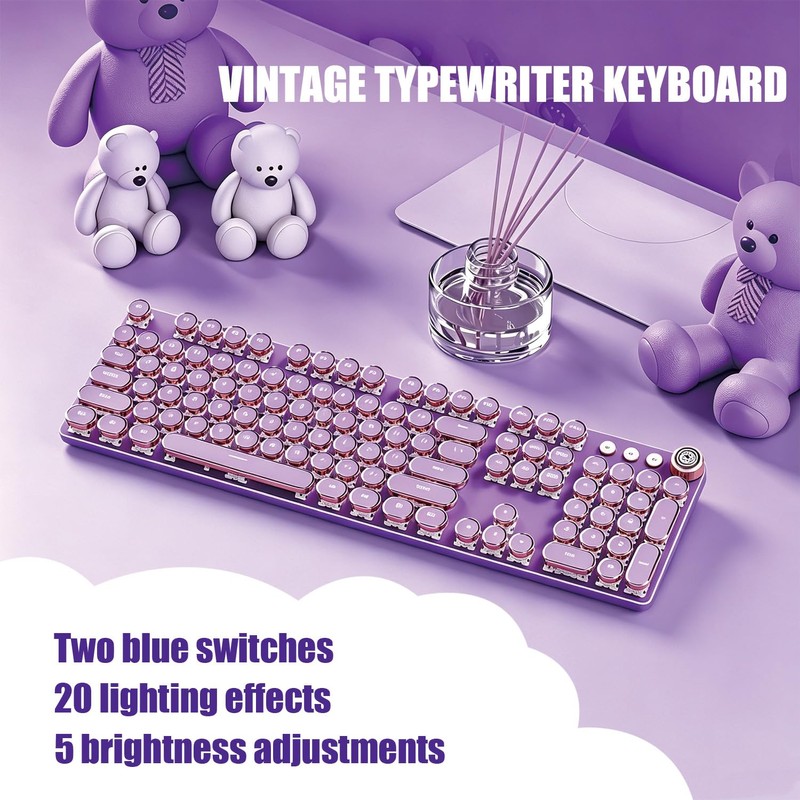 Hnjugfe Purple Retro Typewriter Keyboard, 104 Keys Wired USB with