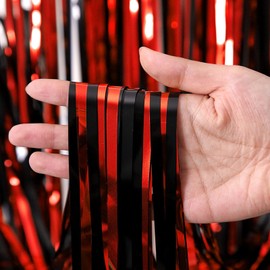 4pcs Black Red Foil Curtain, 3.2ft x 6.5ft Black Red Tinsel Curtains, Metallic Tinsel Streamers Backdrop, Laser Glitter Party Curtain, Tinsel Foil Fringe Curtains, Glitter Party Curtain For Party