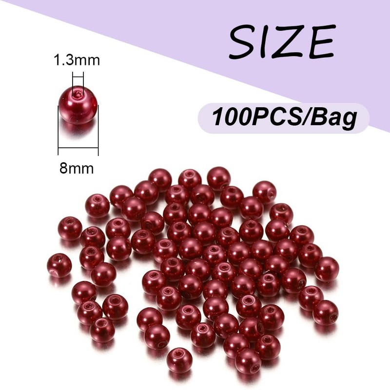 8mm Round Glass Pearls Beads with Holes, Red,100 Pcs