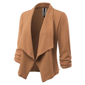 FASHIONOLIC Women's 3/4 Sleeve Blazer Open Front Cardigan Jacket Casual Work Office Blazer (Made in USA) (CLBC001) Khaki 1X