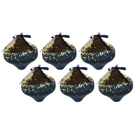 6 x Sequin Navy Blue Gold Christmas Tree Baubles Decorations - Lantern