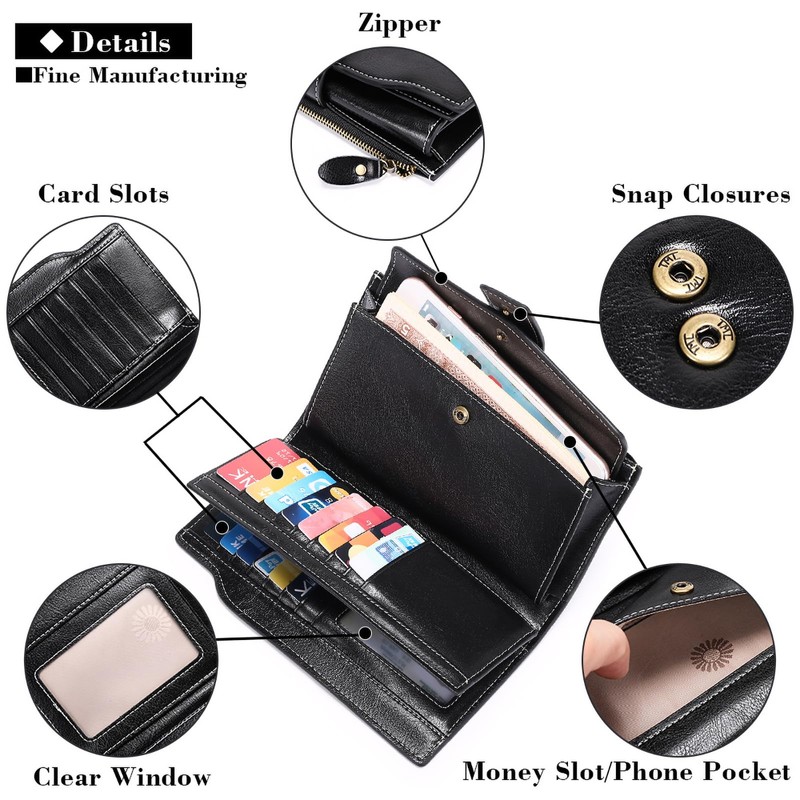 SENDEFN Women's Long Wallet, Bi-fold Wallet, Genuine Leather, Large Capacity,