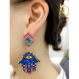 Crystal Hamsa Hand of Fatima Dangle Earrings for Women Colorful Cubic Zirconia Big Evil Eye Statement Drop Dangling Stud Lightweight Boho Lucky Protection Jewelry Gifts (Blue)