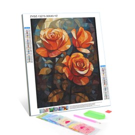 Rose Flower Orange Roses Stained Glass DIY Diamond Painting, Paint by Numbers for Beginners, Full Round Diamond Art Kits for Room Decor and Living Room Decor 12x16inch