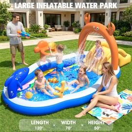 LuxPool 2026 Large Inflatable Play Center,Toddler Pool with Water Slide&Sprinkler,120"x70"x50"Inflatable Kiddie Pool with Slide,Backyard Kids Water Slide,Blow-Up Splash Pad for Toddlers