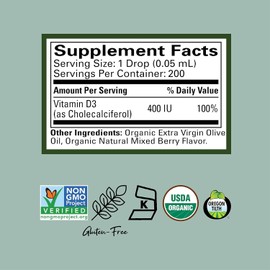 CHILDLIFE Essentials Organic Vitamin D3 Liquid Drops, Natural Berry Flavor - Gluten Free, Alcohol Free, Casein Free, Non-GMO - 0.21 Fl Oz