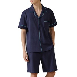 Bellilove Men's Summer Pajamas, Cotton, Short Sleeve, Top and Bottom Set, Room Wear, Front Opening, Loungewear, Shorts, Loose, Skin-friendly, Thin, Comfortable, Large Size, blue