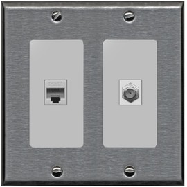 RiteAV - 1 Port Coax Cable TV- F-Type 1 Port Cat6 Ethernet Dual Gang Wall Plate - Stainless Steel/Gray